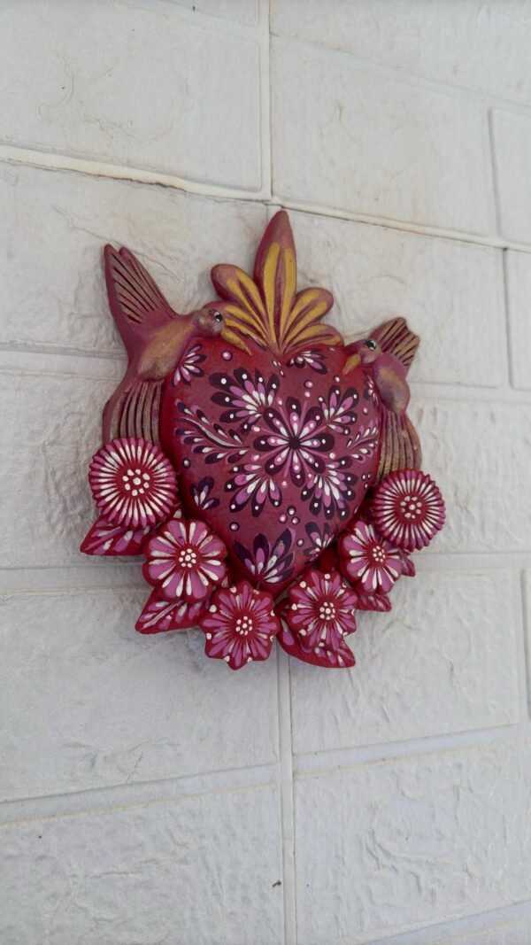 Corazon Sagrado Hummingbird Mexican Clay Decoration, MexicanHeart, Heart Wall Hanging, Decorative Heart, Rustic Heart Decor, Heart Statue - Image 2