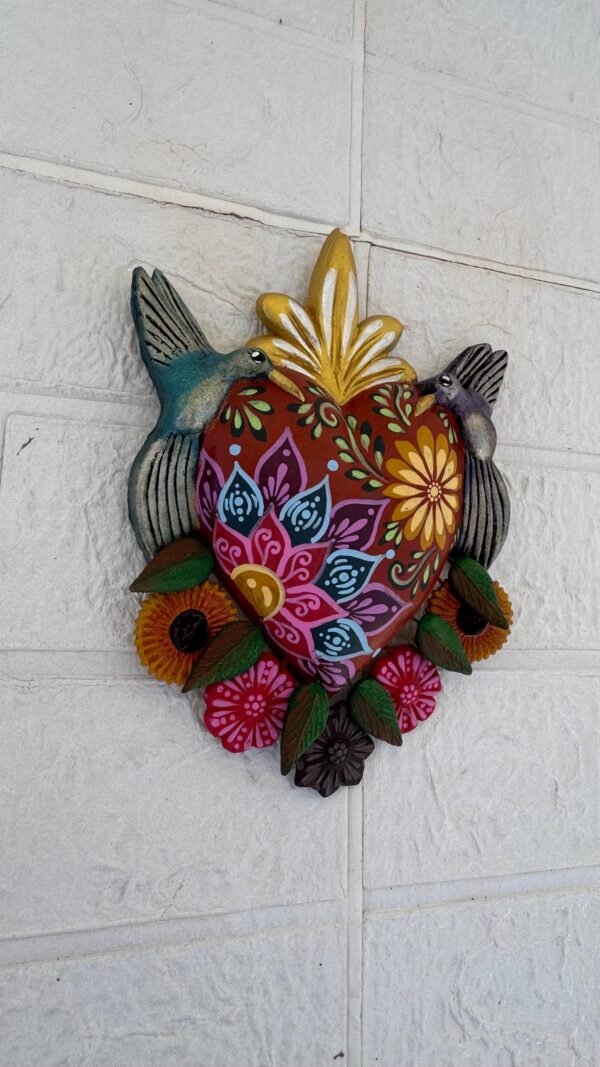 Corazon Sagrado Hummingbird Mexican Clay Decoration, MexicanHeart, Heart Wall Hanging, Decorative Heart, Rustic Heart Decor, Heart Statue - Image 2