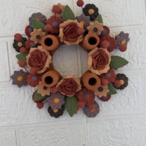 Corona De Adviento (4) Clay Handmade Candle Holder Advent Wreath with Colorful Flowers– Artisan Clay Centerpiece for Christmas Celebrations