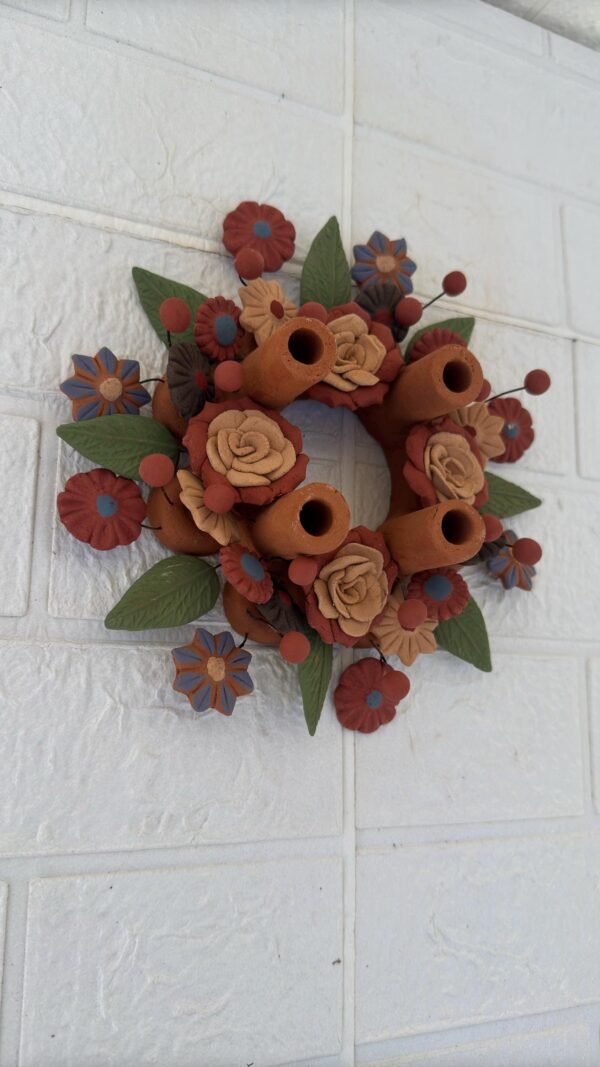 Corona De Adviento (4) Clay Handmade Candle Holder Advent Wreath with Colorful Flowers– Artisan Clay Centerpiece for Christmas Celebrations - Image 2