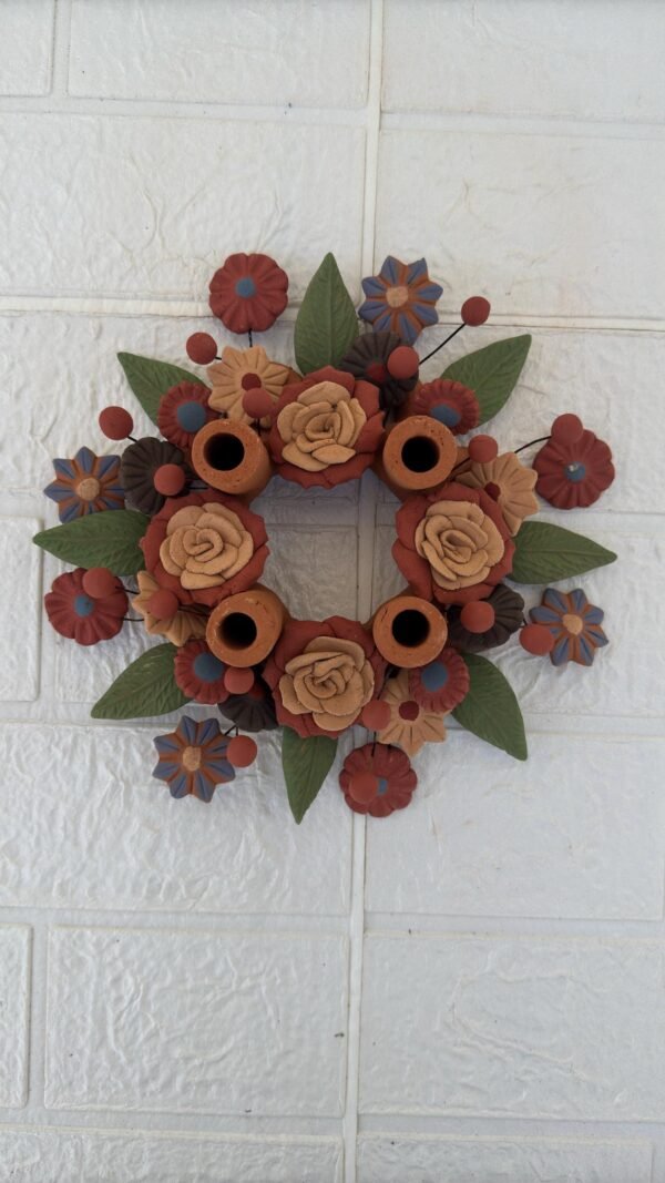 Corona De Adviento (4) Clay Handmade Candle Holder Advent Wreath with Colorful Flowers– Artisan Clay Centerpiece for Christmas Celebrations
