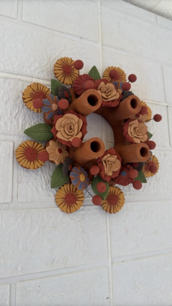 Corona De Adviento (4) Clay Handmade Candle Holder Advent Wreath with Colorful Flowers– Artisan Clay Centerpiece for Christmas Celebrations - Image 2