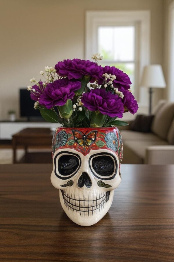 Skull Talavera Flower Vase Pot -Puebla Hand Painted Ceramic, Halloween, Día De Los Muertos Authentic Mexican Decor, Artisan-Crafted Floral