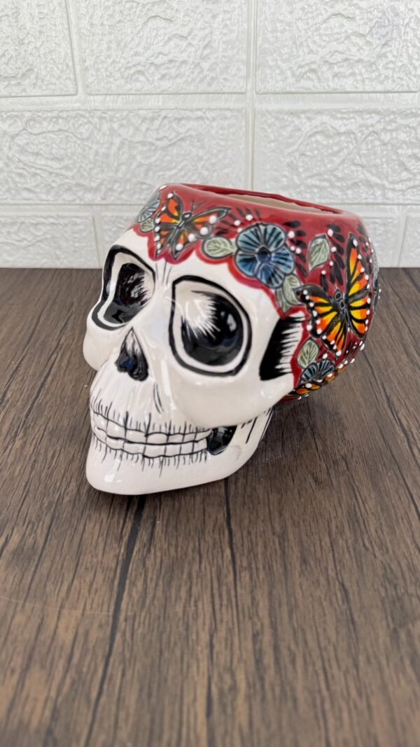 Skull Talavera Flower Vase Pot -Puebla Hand Painted Ceramic, Halloween, Día De Los Muertos Authentic Mexican Decor, Artisan-Crafted Floral - Image 2