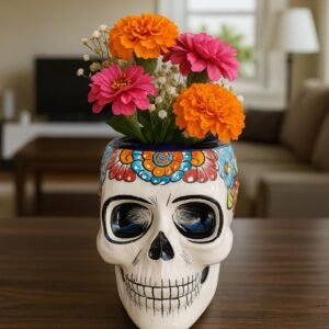 Skull Talavera Flower Vase Pot -Puebla Hand Painted Ceramic, Halloween, Día De Los Muertos Authentic Mexican Decor, Artisan-Crafted Floral
