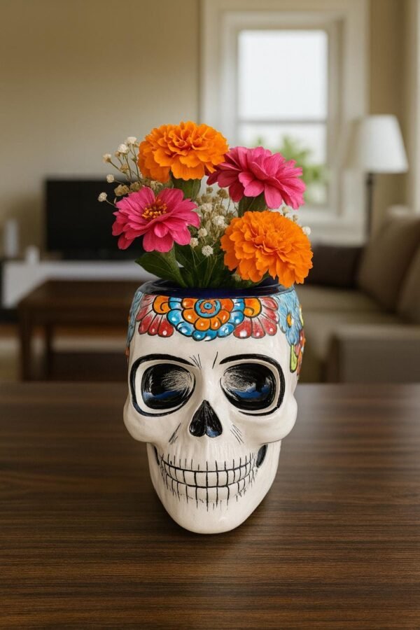 Skull Talavera Flower Vase Pot -Puebla Hand Painted Ceramic, Halloween, Día De Los Muertos Authentic Mexican Decor, Artisan-Crafted Floral
