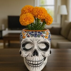 Skull Talavera Flower Vase Pot -Puebla Hand Painted Ceramic, Halloween, Día De Los Muertos Authentic Mexican Decor, Artisan-Crafted Floral