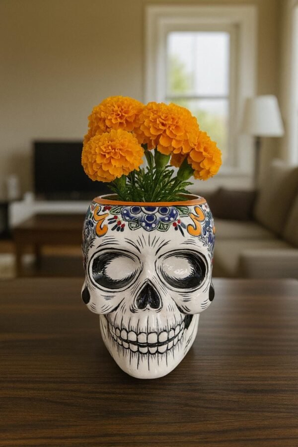 Skull Talavera Flower Vase Pot -Puebla Hand Painted Ceramic, Halloween, Día De Los Muertos Authentic Mexican Decor, Artisan-Crafted Floral