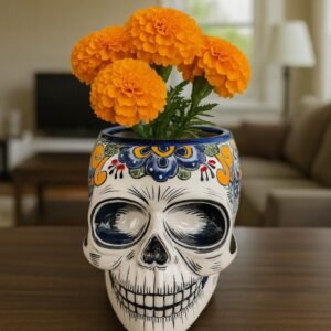 Skull Talavera Flower Vase Pot -Puebla Hand Painted Ceramic, Halloween, Día De Los Muertos Authentic Mexican Decor, Artisan-Crafted Floral