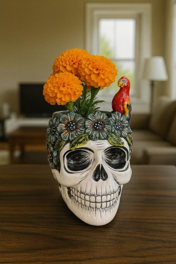 Skull Talavera Flower Vase Pot -Puebla Hand Painted Ceramic, Halloween, Día De Los Muertos Authentic Mexican Decor, Artisan-Crafted Floral