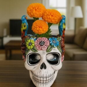 Skull Talavera Flower Vase Pot -Puebla Hand Painted Ceramic, Halloween, Día De Los Muertos Authentic Mexican Decor, Artisan-Crafted Floral