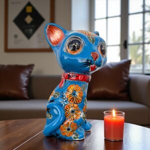 Talavera Cat, Ceramic Cat, Talavera Pottery, Puebla Mexican Pottery, Cat Statue, Cat Sculpture Figurine Hand Painted Artisans
