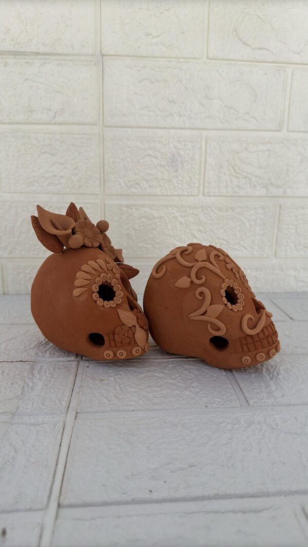 Couple Head Skull (2) Pigment Clay Skull Día De Los Muertos Frida Artistic  Oaxaca México By Artisans Handmade Crafts, Home Decor Folk Art - Image 3