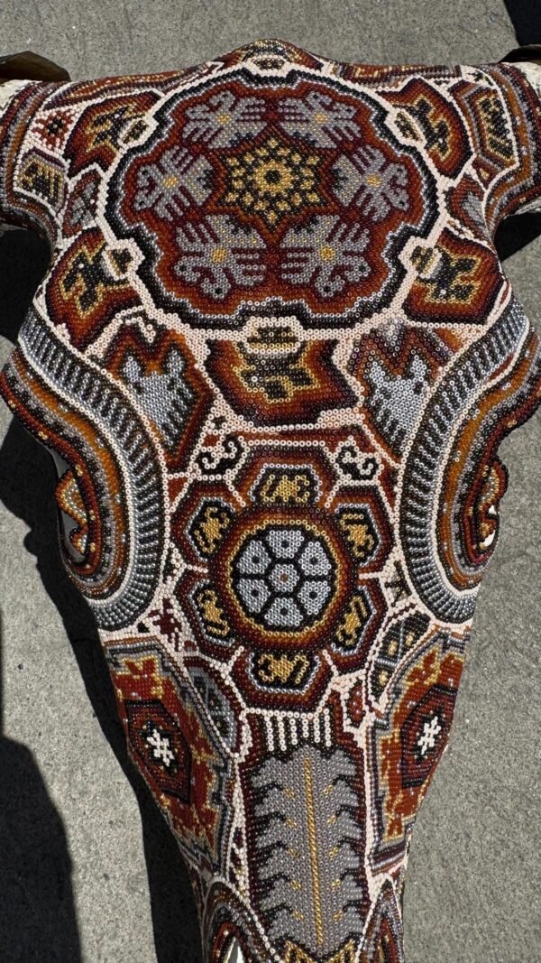 Bull Sculpture Huichol Statue Of Mexican Folk Art, Cow Wixarika As A Mexican Decorative Figure, Made Of Beads On Real Skull. “We Customize” - Image 3