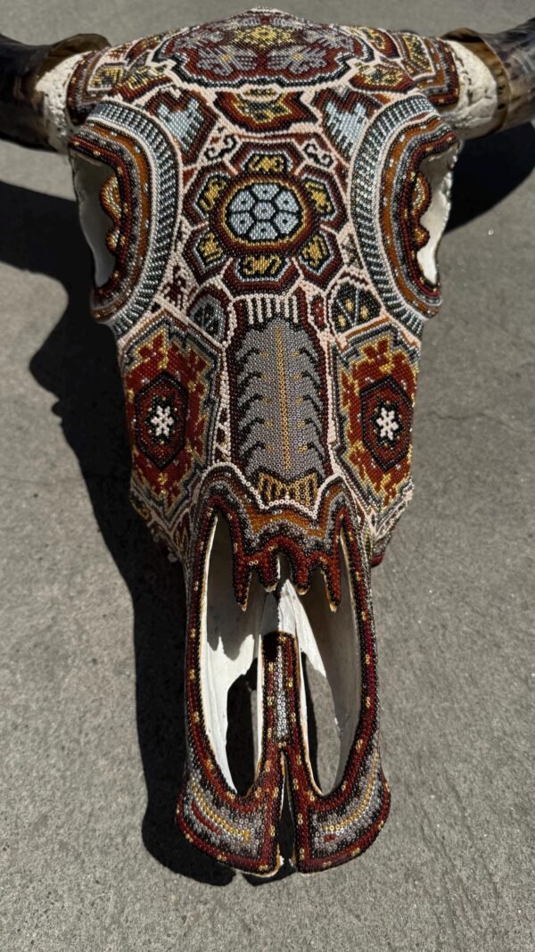 Bull Sculpture Huichol Statue Of Mexican Folk Art, Cow Wixarika As A Mexican Decorative Figure, Made Of Beads On Real Skull. “We Customize” - Image 4