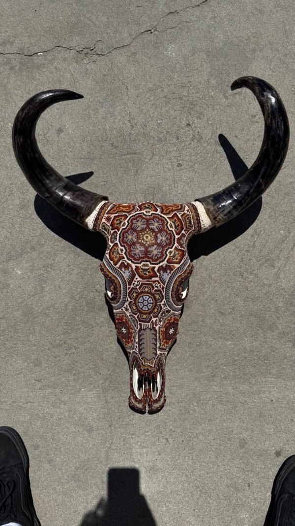 Bull Sculpture Huichol Statue Of Mexican Folk Art, Cow Wixarika As A Mexican Decorative Figure, Made Of Beads On Real Skull. “We Customize” - Image 5