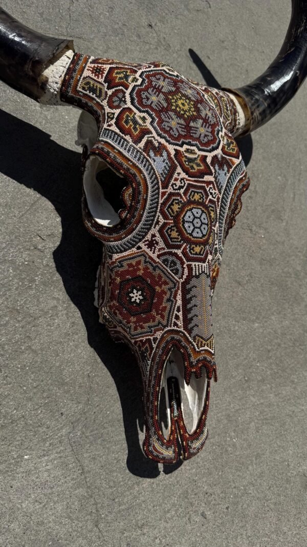 Bull Sculpture Huichol Statue Of Mexican Folk Art, Cow Wixarika As A Mexican Decorative Figure, Made Of Beads On Real Skull. “We Customize” - Image 6