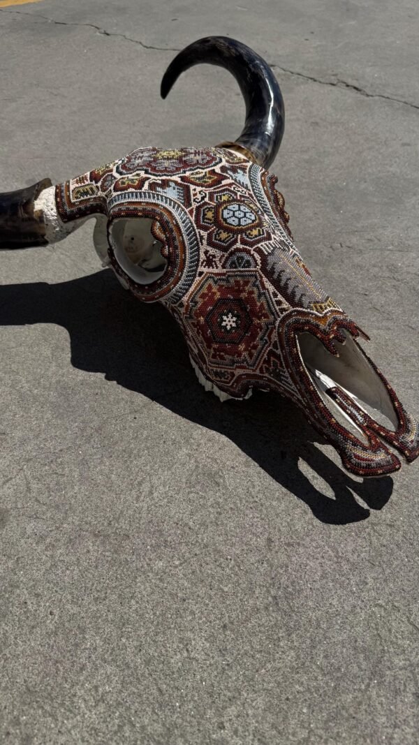 Bull Sculpture Huichol Statue Of Mexican Folk Art, Cow Wixarika As A Mexican Decorative Figure, Made Of Beads On Real Skull. “We Customize” - Image 7