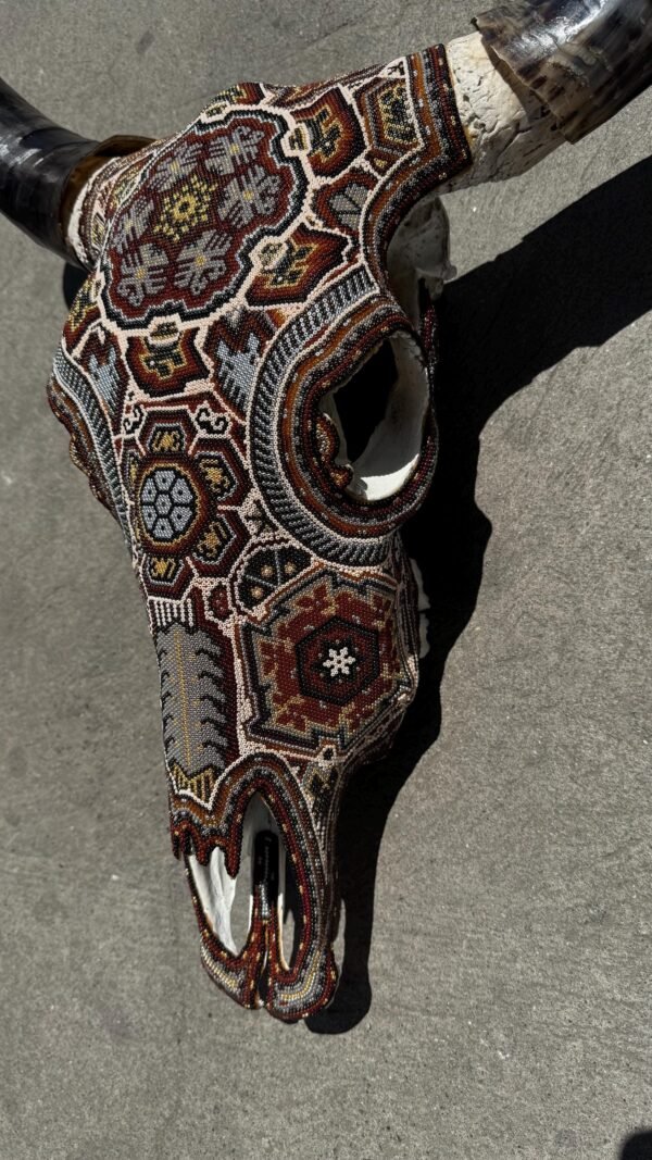 Bull Sculpture Huichol Statue Of Mexican Folk Art, Cow Wixarika As A Mexican Decorative Figure, Made Of Beads On Real Skull. “We Customize” - Image 8
