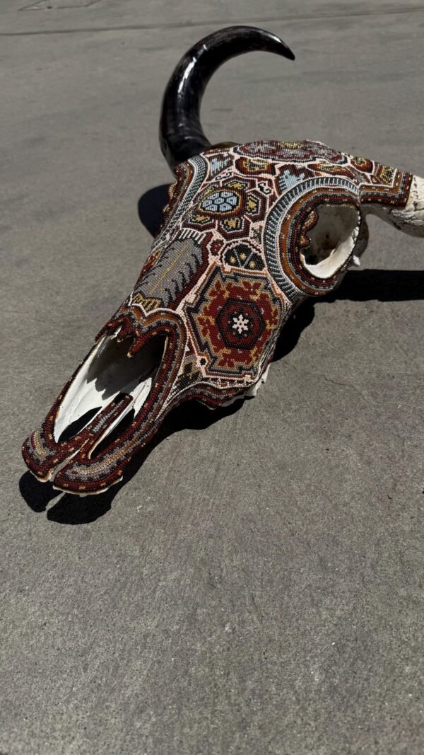 Bull Sculpture Huichol Statue Of Mexican Folk Art, Cow Wixarika As A Mexican Decorative Figure, Made Of Beads On Real Skull. “We Customize” - Image 9