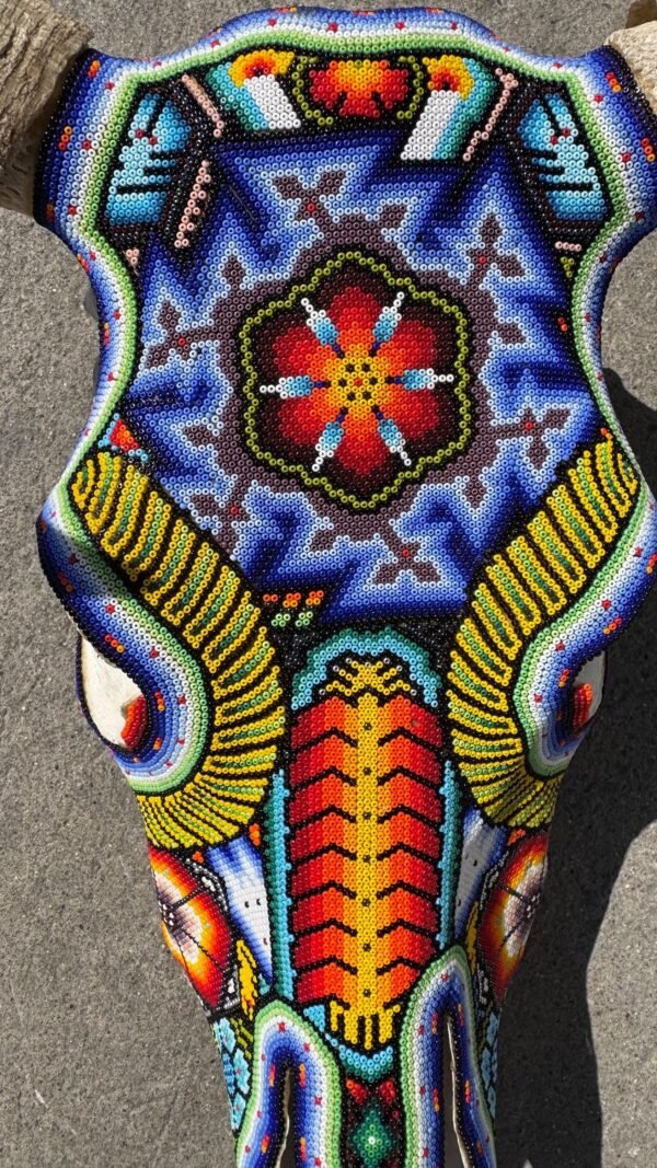 Bull Sculpture Huichol Statue Of Mexican Folk Art, Cow Wixarika As A Mexican Decorative Figure, Made Of Beads On Real Skull. “We Customize” - Image 3