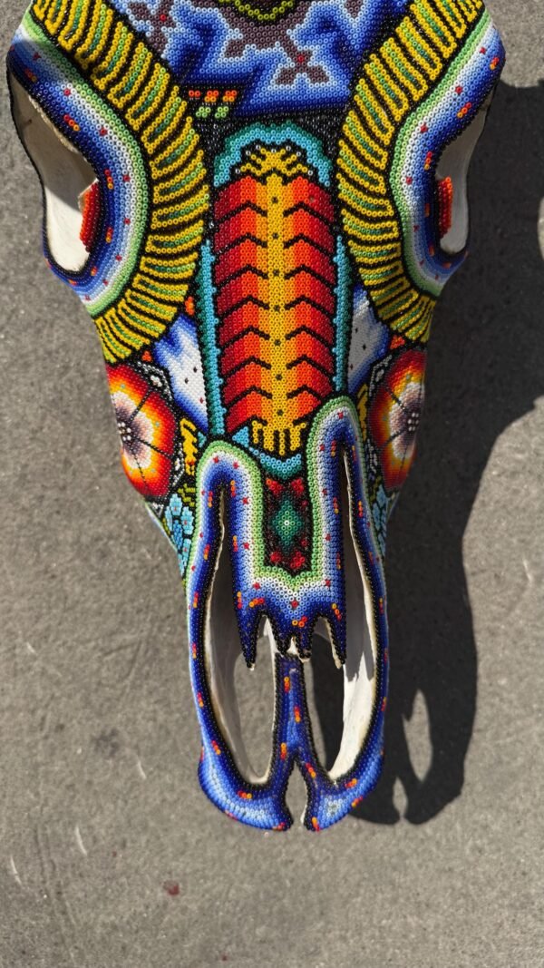 Bull Sculpture Huichol Statue Of Mexican Folk Art, Cow Wixarika As A Mexican Decorative Figure, Made Of Beads On Real Skull. “We Customize” - Image 4