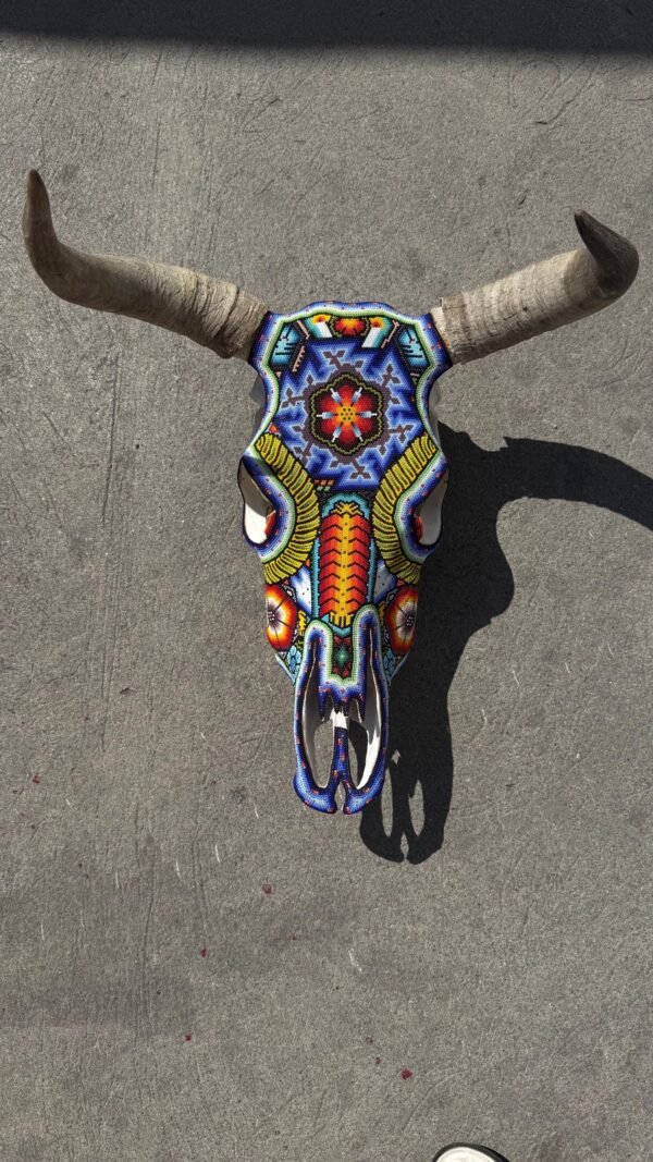 Bull Sculpture Huichol Statue Of Mexican Folk Art, Cow Wixarika As A Mexican Decorative Figure, Made Of Beads On Real Skull. “We Customize” - Image 5
