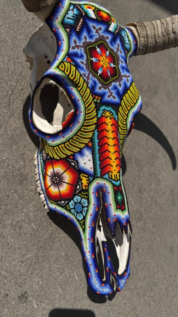 Bull Sculpture Huichol Statue Of Mexican Folk Art, Cow Wixarika As A Mexican Decorative Figure, Made Of Beads On Real Skull. “We Customize” - Image 7