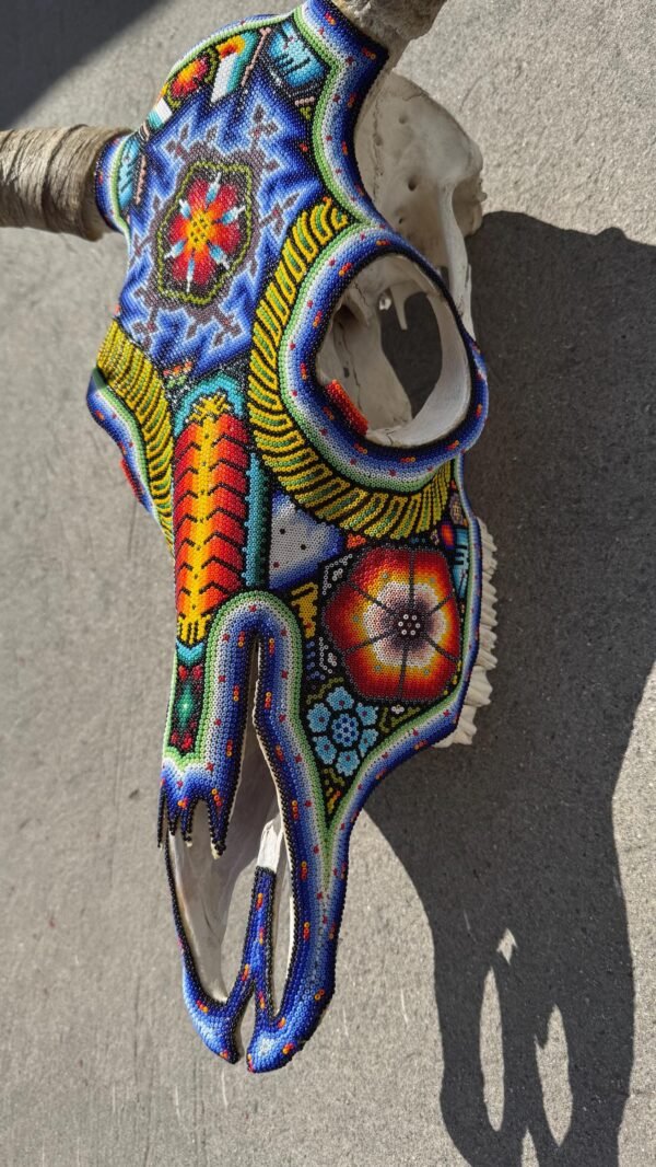 Bull Sculpture Huichol Statue Of Mexican Folk Art, Cow Wixarika As A Mexican Decorative Figure, Made Of Beads On Real Skull. “We Customize” - Image 8