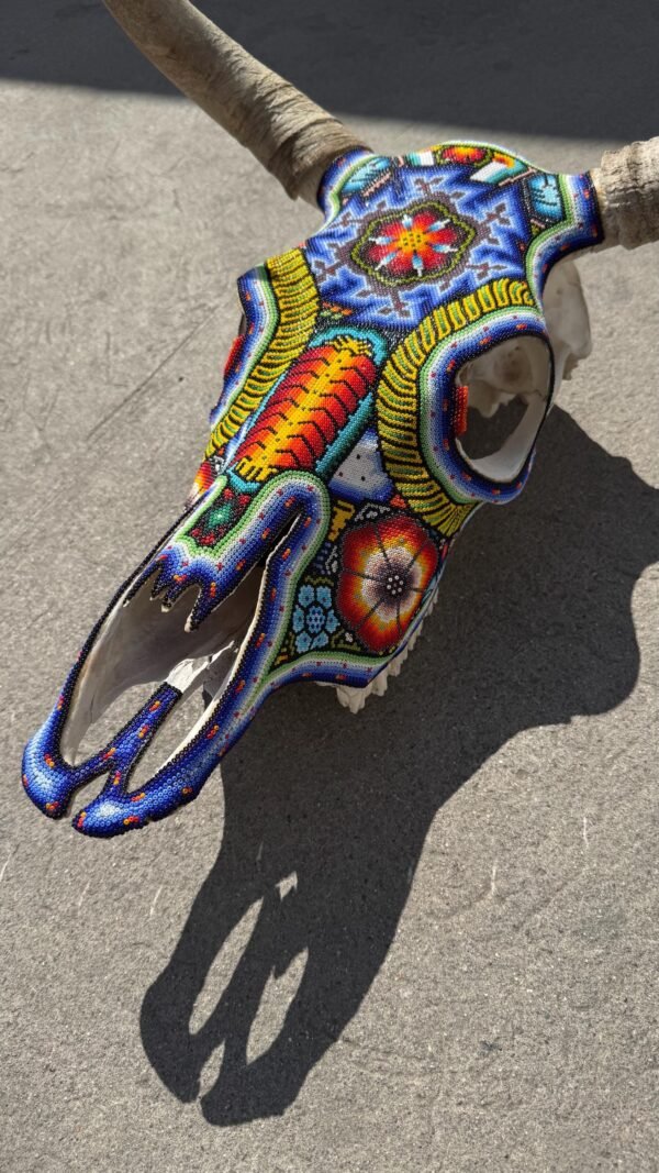 Bull Sculpture Huichol Statue Of Mexican Folk Art, Cow Wixarika As A Mexican Decorative Figure, Made Of Beads On Real Skull. “We Customize” - Image 9