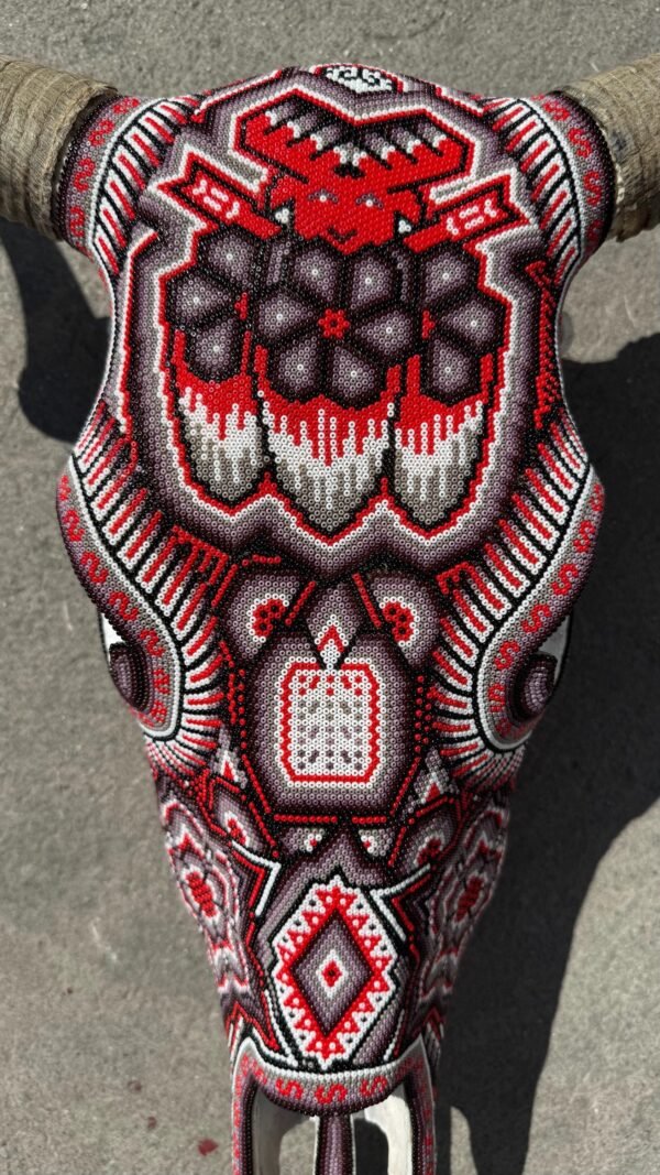 Bull Sculpture Huichol Statue Of Mexican Folk Art, Cow Wixarika As A Mexican Decorative Figure, Made Of Beads On Real Skull. “We Customize” - Image 3