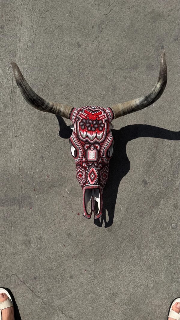 Bull Sculpture Huichol Statue Of Mexican Folk Art, Cow Wixarika As A Mexican Decorative Figure, Made Of Beads On Real Skull. “We Customize” - Image 5