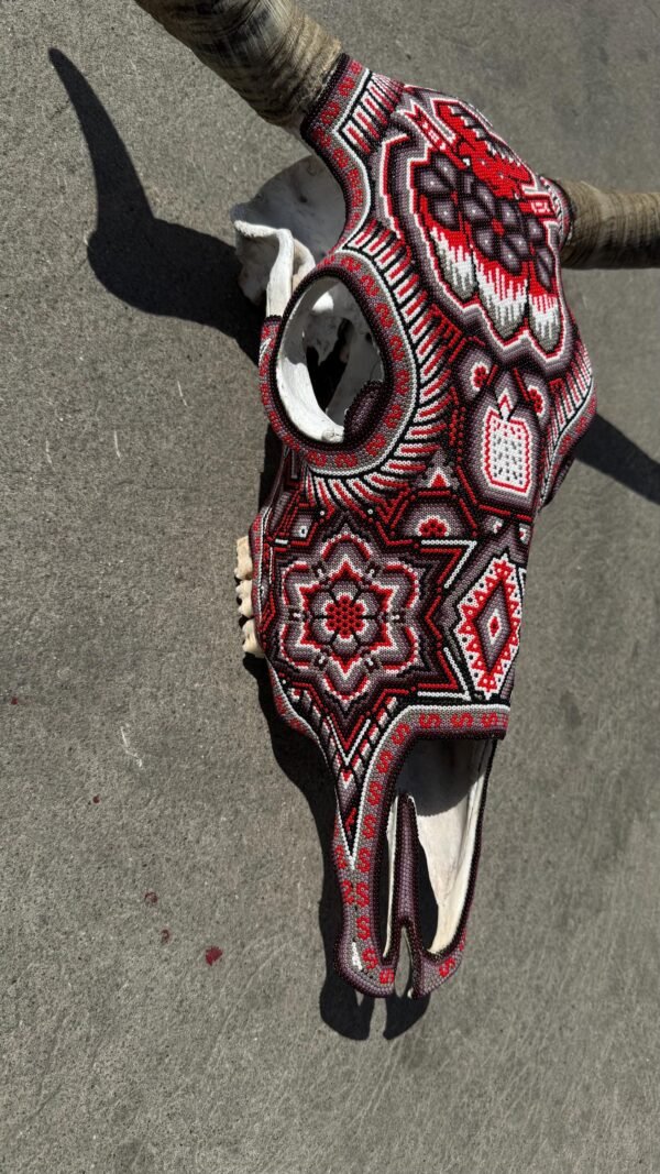 Bull Sculpture Huichol Statue Of Mexican Folk Art, Cow Wixarika As A Mexican Decorative Figure, Made Of Beads On Real Skull. “We Customize” - Image 6