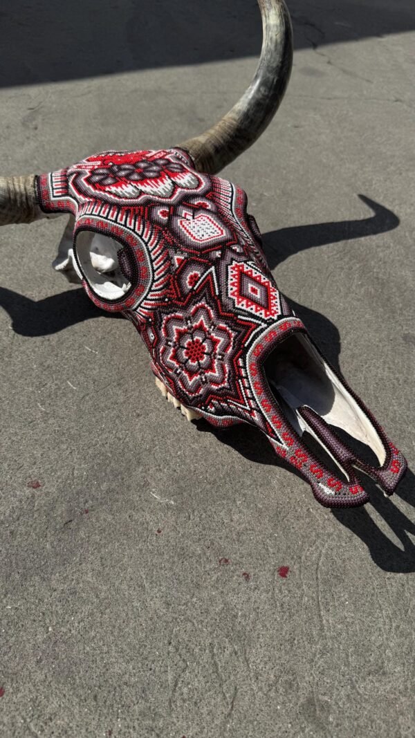 Bull Sculpture Huichol Statue Of Mexican Folk Art, Cow Wixarika As A Mexican Decorative Figure, Made Of Beads On Real Skull. “We Customize” - Image 7