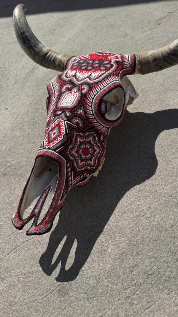 Bull Sculpture Huichol Statue Of Mexican Folk Art, Cow Wixarika As A Mexican Decorative Figure, Made Of Beads On Real Skull. “We Customize” - Image 8