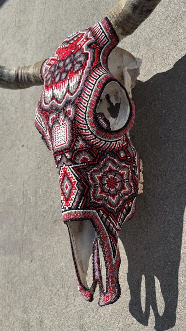 Bull Sculpture Huichol Statue Of Mexican Folk Art, Cow Wixarika As A Mexican Decorative Figure, Made Of Beads On Real Skull. “We Customize” - Image 9