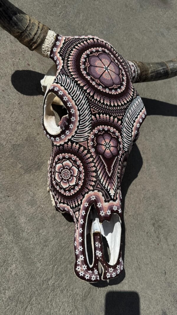 Bull Sculpture Huichol Statue Of Mexican Folk Art, Cow Wixarika As A Mexican Decorative Figure, Made Of Beads On Real Skull. “We Customize” - Image 8