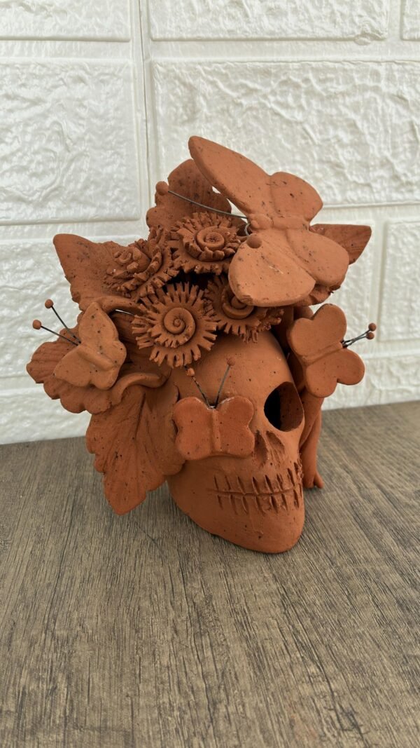 Handmade Mexican Clay Skull, Michoacán Day of the Dead Folk Art, Barro Decor with Flowers and Butterflies, Dia de los Muertos Calavera Altar - Image 3