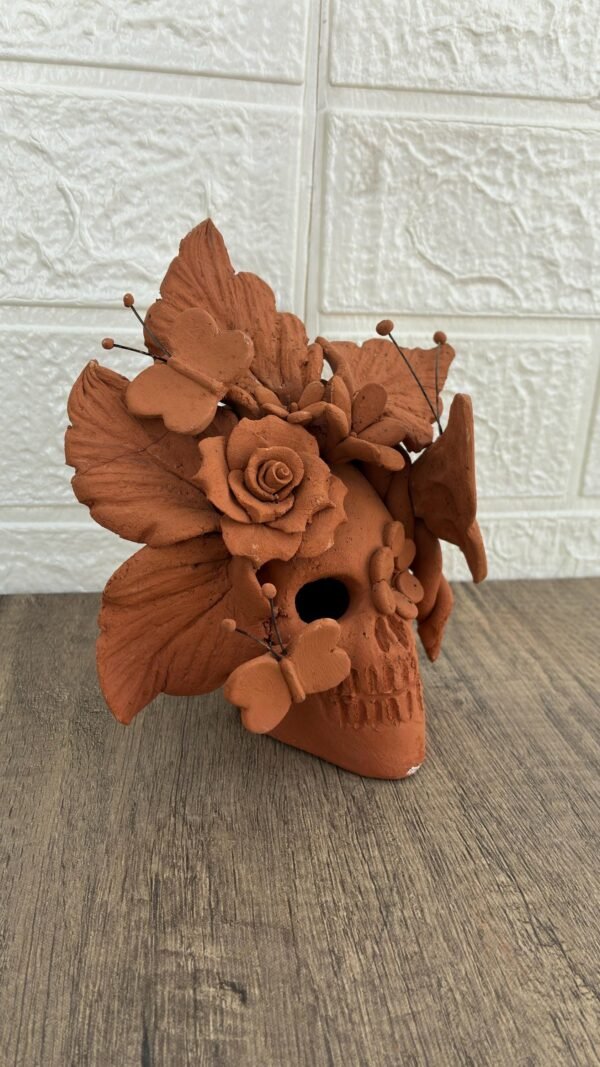 Handmade Mexican Clay Skull, Michoacán Day of the Dead Folk Art, Barro Decor with Flowers and Butterflies, Dia de los Muertos Calavera Altar - Image 3