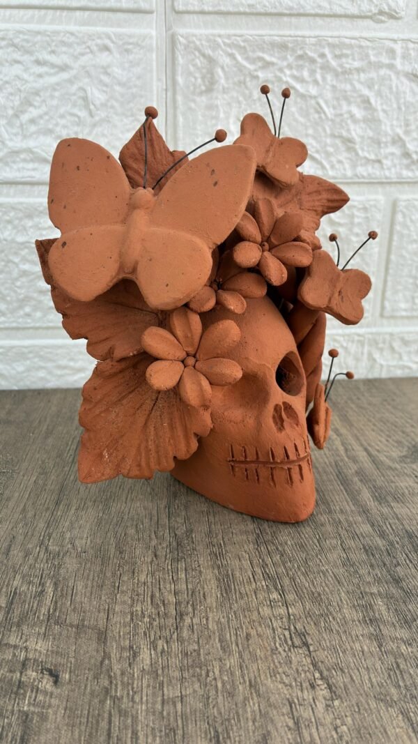 Handmade Mexican Clay Skull, Michoacán Day of the Dead Folk Art, Barro Decor with Flowers and Butterflies, Dia de los Muertos Calavera Altar - Image 3