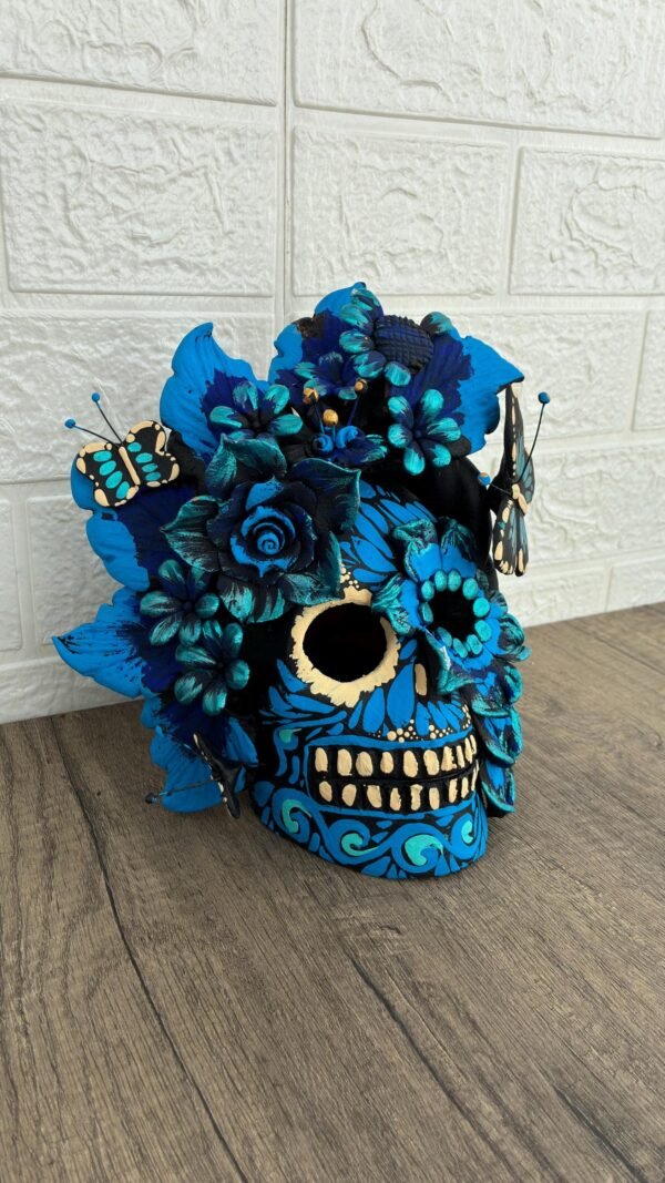 Handmade Mexican Clay Skull, Michoacán Day of the Dead Folk Art, Barro Decor with Flowers and Butterflies, Dia de los Muertos Calavera Altar - Image 3