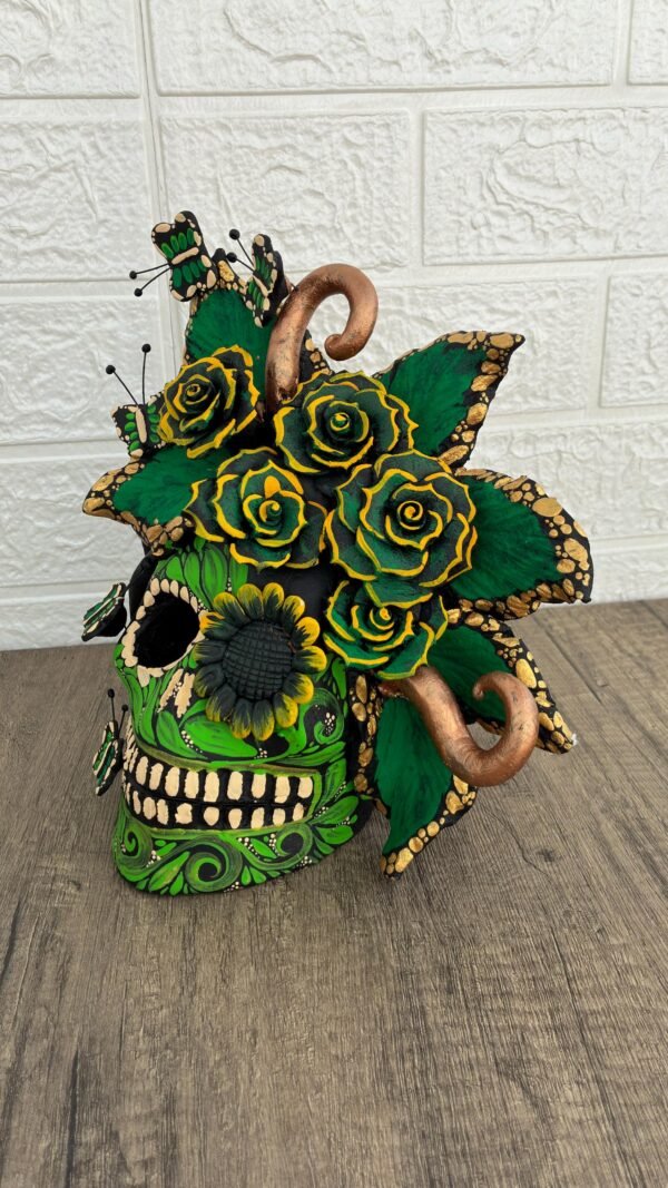 Handmade Mexican Clay Skull, Michoacán Day of the Dead Folk Art, Barro Decor with Flowers and Butterflies, Dia de los Muertos Calavera Altar - Image 3