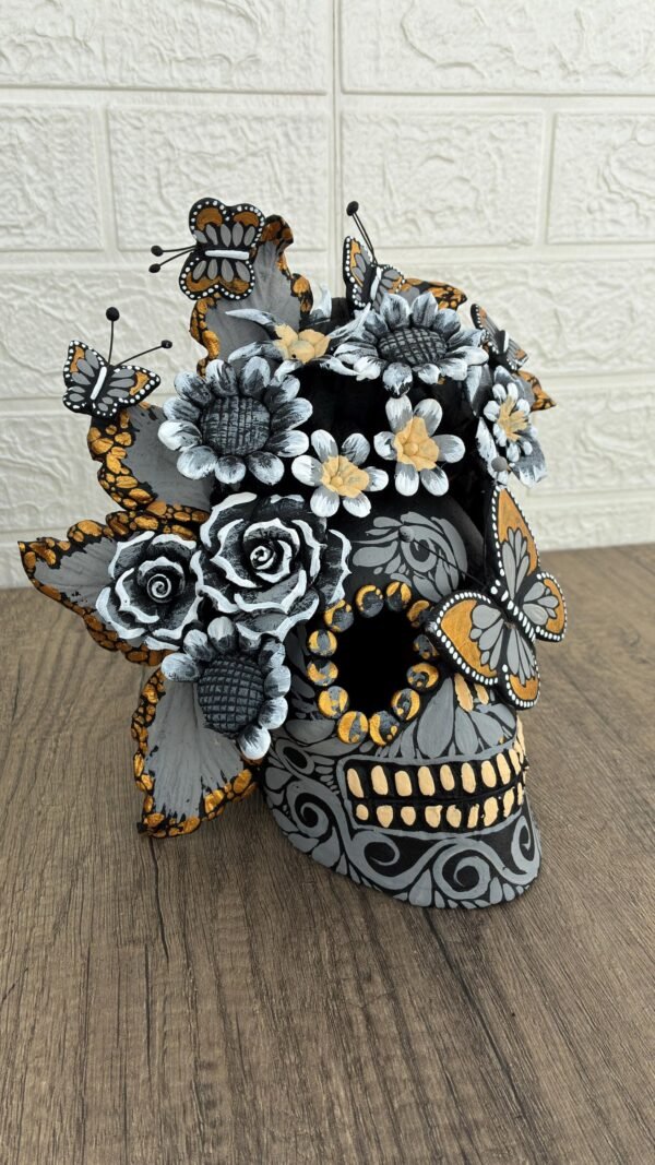 Handmade Mexican Clay Skull, Michoacán Day of the Dead Folk Art, Barro Decor with Flowers and Butterflies, Dia de los Muertos Calavera Altar - Image 3
