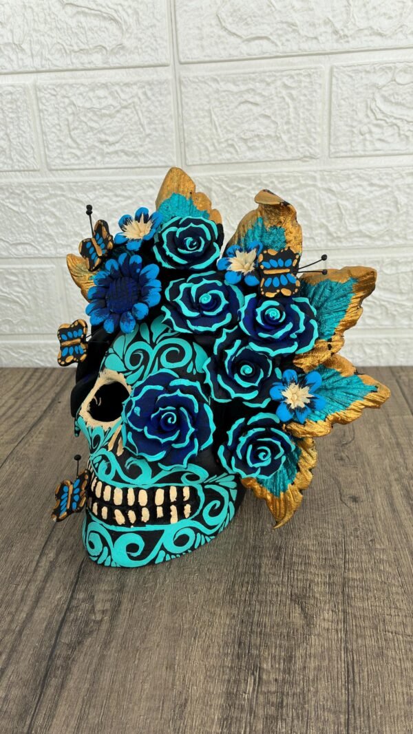 Handmade Mexican Clay Skull, Michoacán Day of the Dead Folk Art, Barro Decor with Flowers and Butterflies, Dia de los Muertos Calavera Altar - Image 3