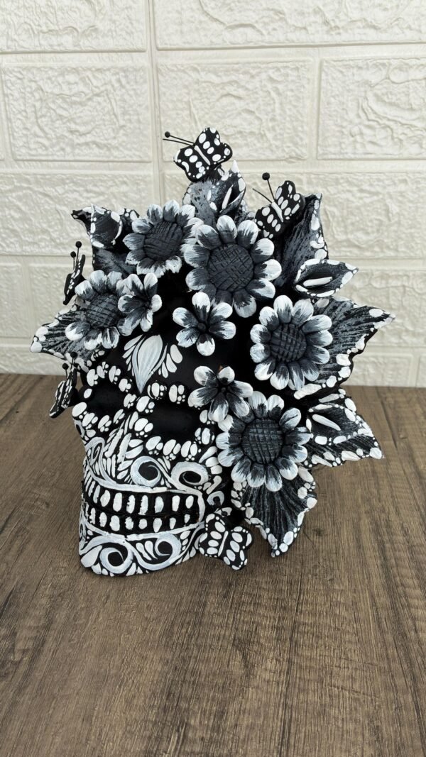 Handmade Mexican Clay Skull, Michoacán Day of the Dead Folk Art, Barro Decor with Flowers and Butterflies, Dia de los Muertos Calavera Altar - Image 3