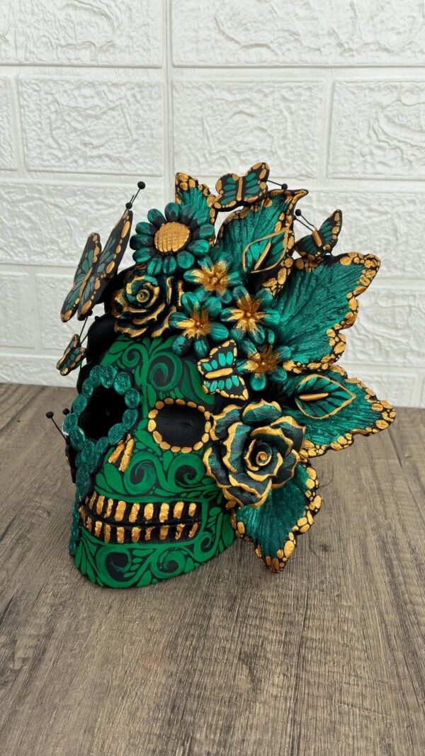 Handmade Mexican Clay Skull, Michoacán Day of the Dead Folk Art, Barro Decor with Flowers and Butterflies, Dia de los Muertos Calavera Altar - Image 3