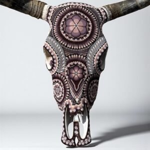 Bull Sculpture Huichol Statue Of Mexican Folk Art, Cow Wixarika As A Mexican Decorative Figure, Made Of Beads On Real Skull. “We Customize”