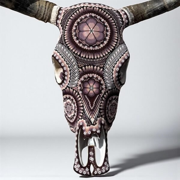 Bull Sculpture Huichol Statue Of Mexican Folk Art, Cow Wixarika As A Mexican Decorative Figure, Made Of Beads On Real Skull. “We Customize”