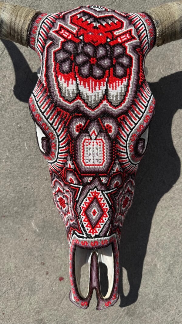 Bull Sculpture Huichol Statue Of Mexican Folk Art, Cow Wixarika As A Mexican Decorative Figure, Made Of Beads On Real Skull. “We Customize” - Image 2