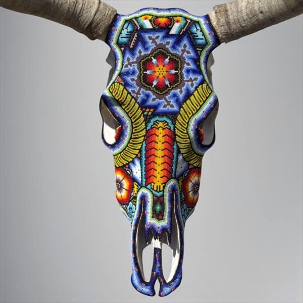Bull Sculpture Huichol Statue Of Mexican Folk Art, Cow Wixarika As A Mexican Decorative Figure, Made Of Beads On Real Skull. “We Customize”